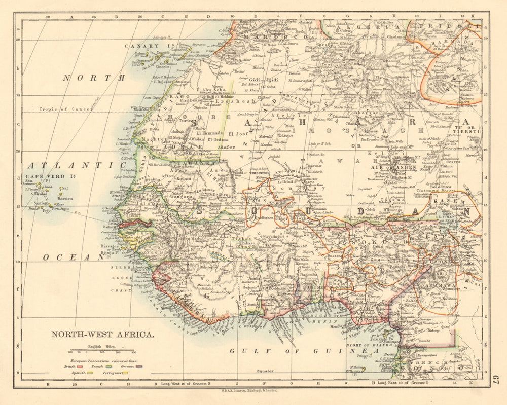 COLONIAL WEST AFRICA Tribal areas Caravan routes Grain Gold Slave Coast 1892 map