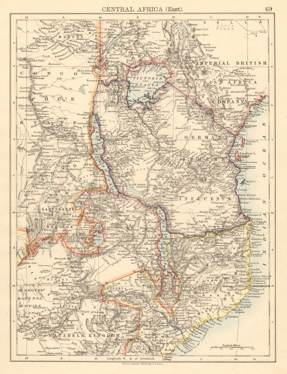 COLONIAL EAST AFRICA German/British/Portuguese East Africa Tanzania 1892 map