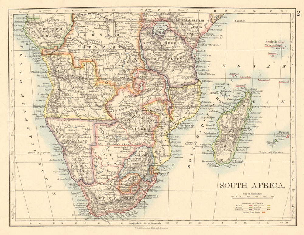 COLONIAL SOUTHERN AFRICA German/British/Portuguese/French JOHNSTON 1892 map