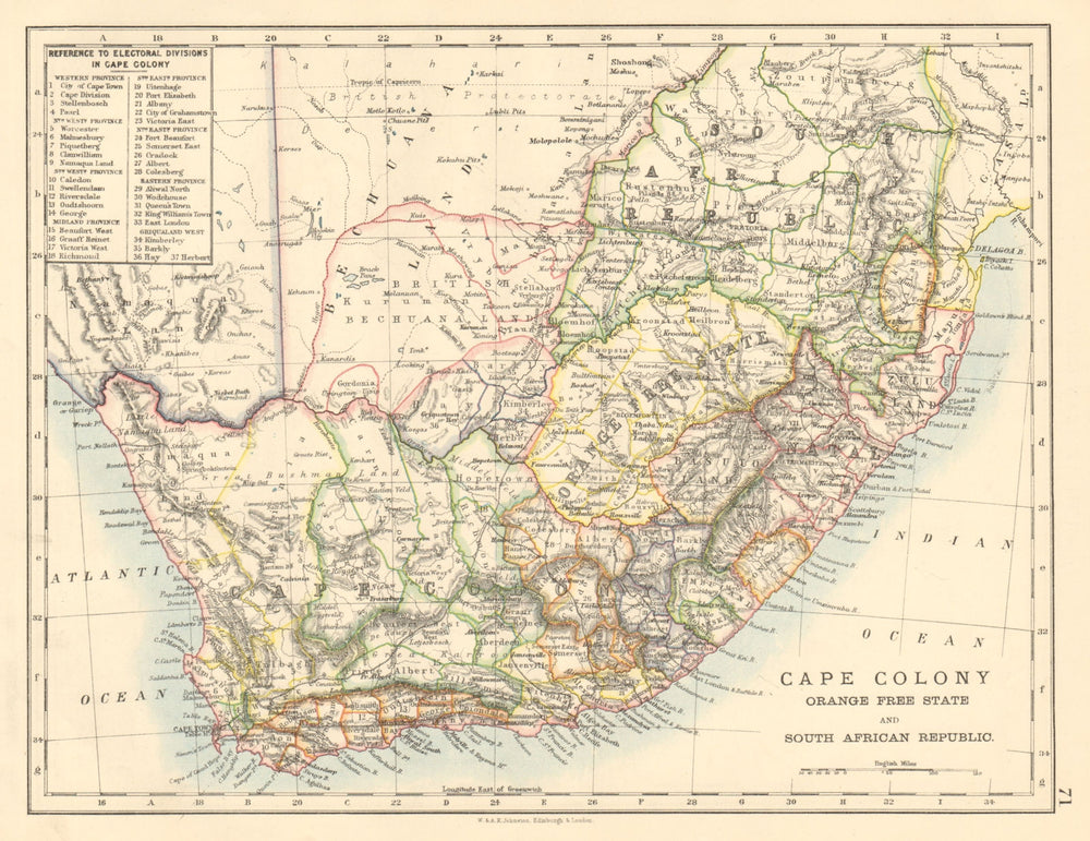 COLONIAL South African Republic Cape Colony Orange Free State JOHNSTON 1892 map