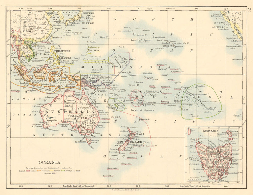 COLONIAL OCEANIA PACIFIC British Dutch Spanish French German Port  1892 map