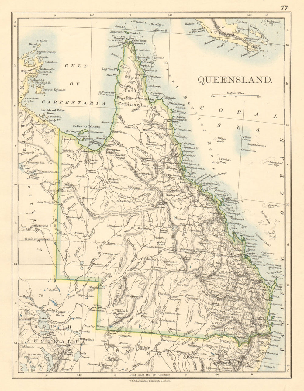 QUEENSLAND State map Brisbane Gold Coast Railways Australia JOHNSTON 1892