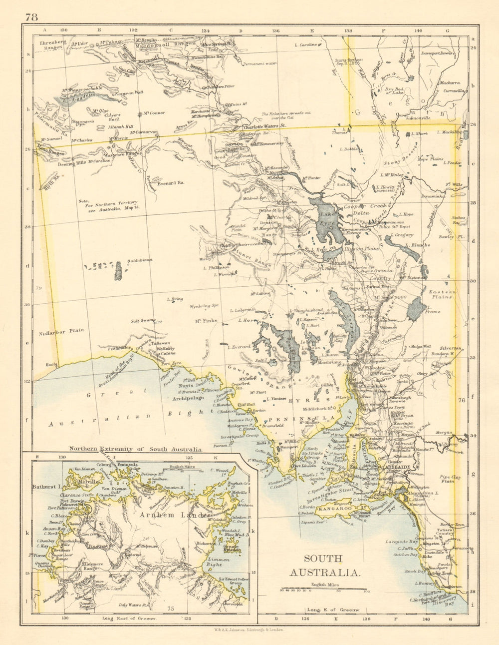 SOUTH AUSTRALIA + Arnhem Land Northern Territory JOHNSTON 1892 old antique map