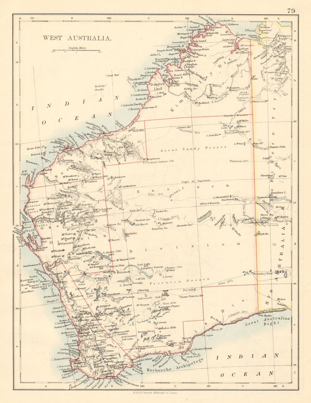 WESTERN AUSTRALIA Explorers route Giles Forrest Warburton Lefroy Hunt 1892 map