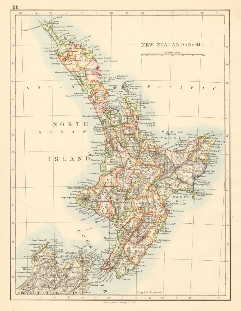 NORTH ISLAND NEW ZEALAND Showing counties telegraph cables JOHNSTON 1892 map