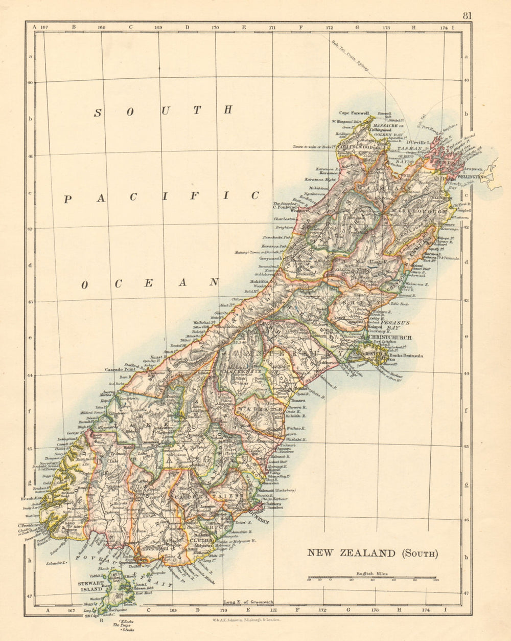 SOUTH ISLAND NEW ZEALAND Showing counties Telegraph cables JOHNSTON 1892 map