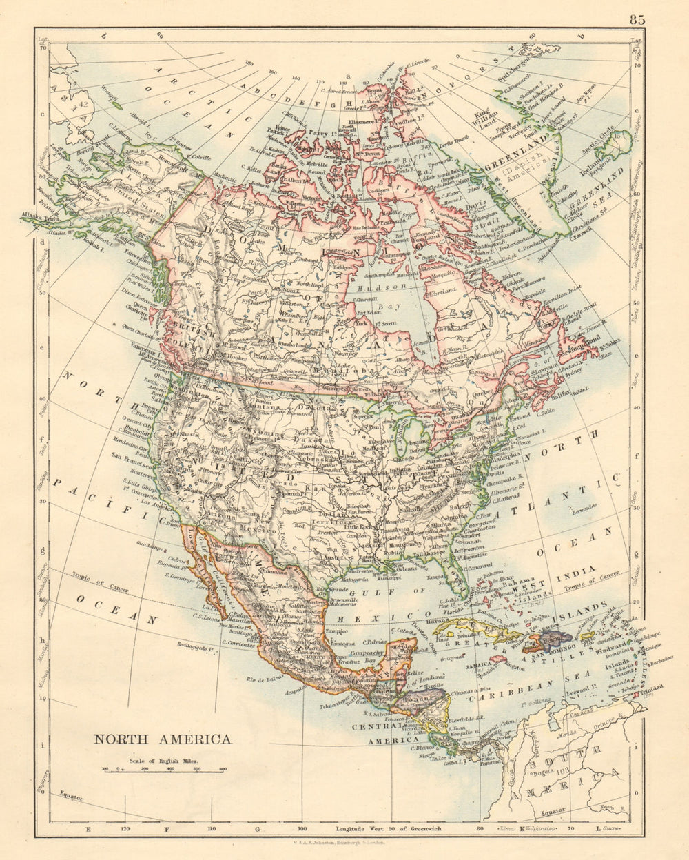 NORTH AMERICA POLITICAL Greenland "Danish America" USA Canada Mexico 1892 map