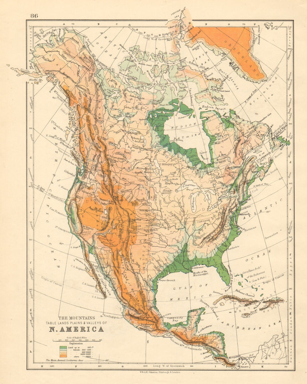 NORTH AMERICA PHYSICAL Relief Key mountains heights Ocean depths  1892 old map