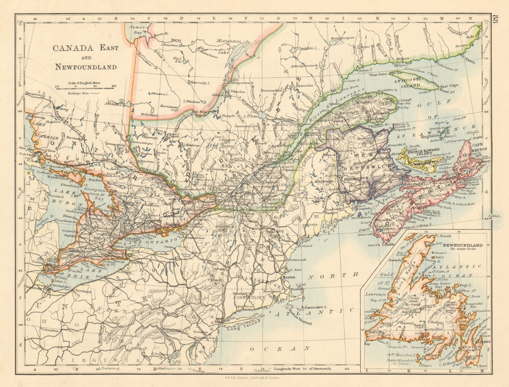 EASTERN CANADA Ontario Quebec Maritime Provinces NB PE NS JOHNSTON 1892 map