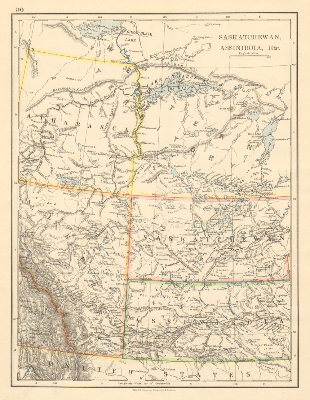 CANADA PRAIRIES Alberta Saskatchewan Assiniboia Athabasca JOHNSTON 1892 map