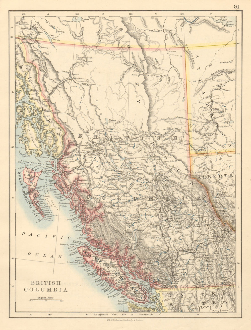 BRITISH COLUMBIA Province map Railroads Vancouver island JOHNSTON 1892 old