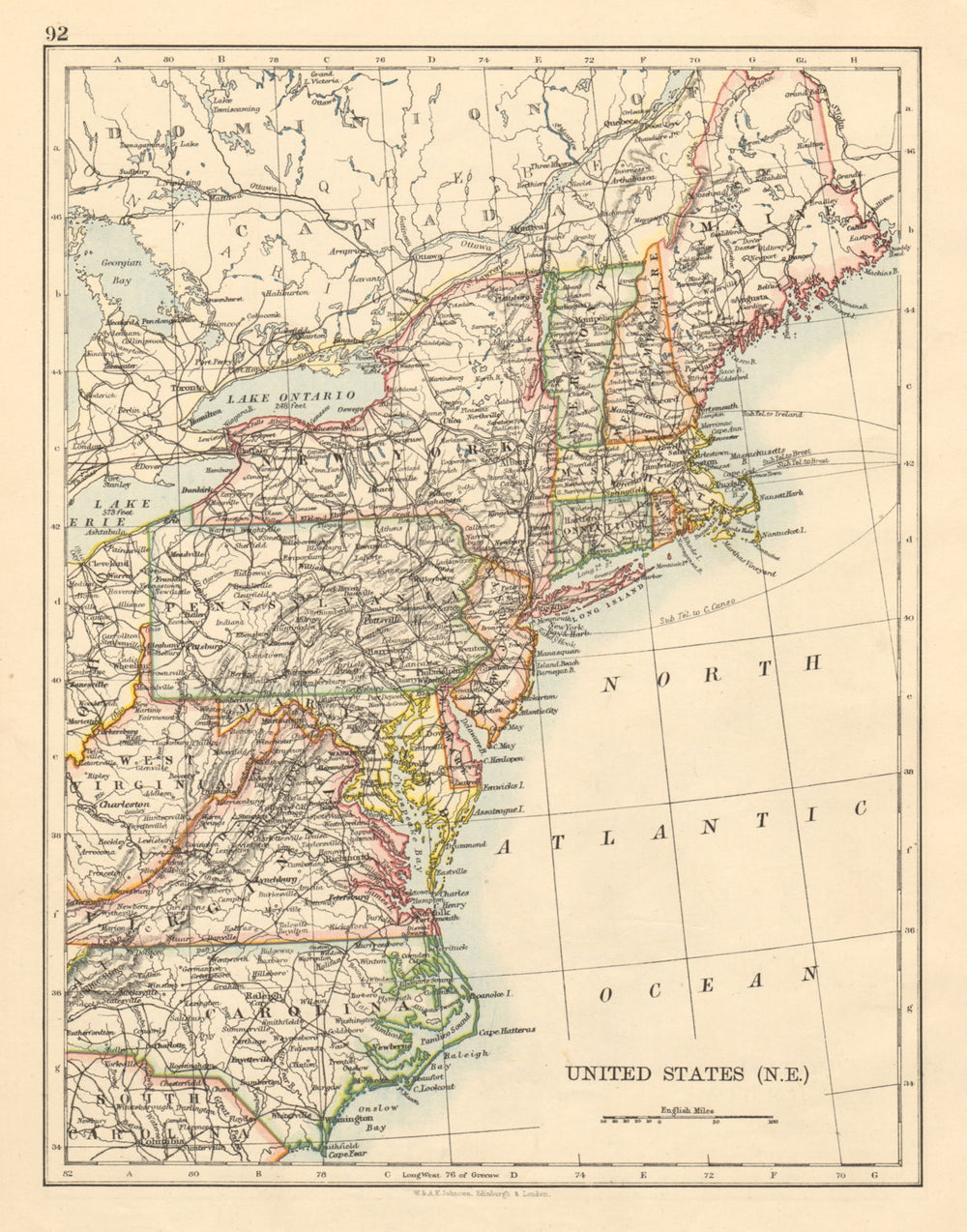 UNITED STATES NORTH EAST New England Appalachia Atlantic states USA 1892 map