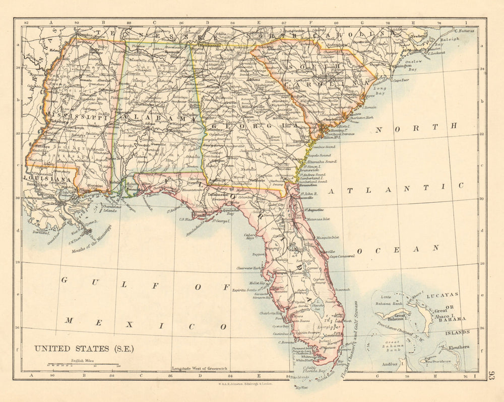 USA DEEP SOUTH Florida South Carolina Georgia Alabama Mississippi USA 1892 map