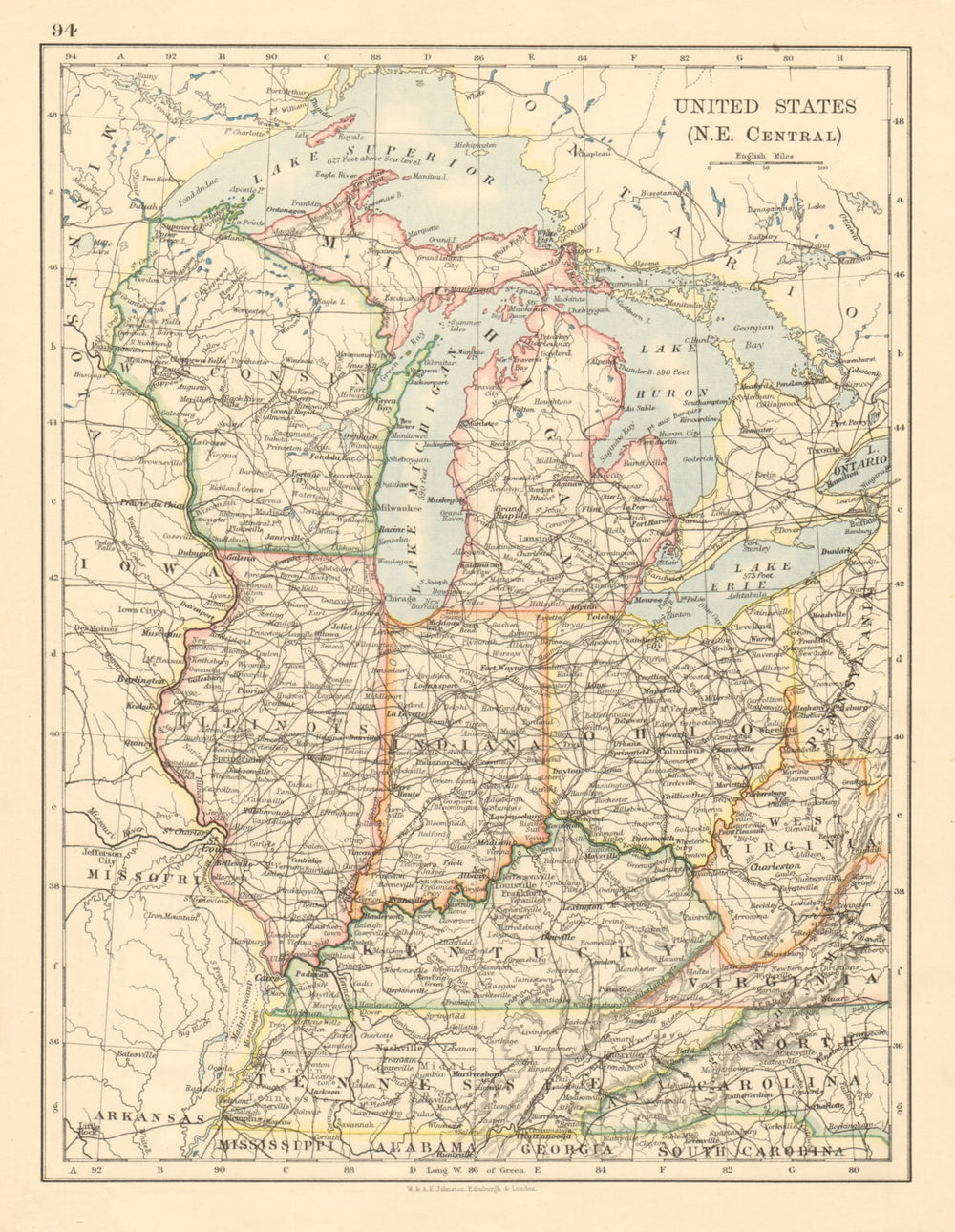 USA MID WEST Wisconsin Michigan Illinois Ohio Indiana Kentucky TN 1892 old map