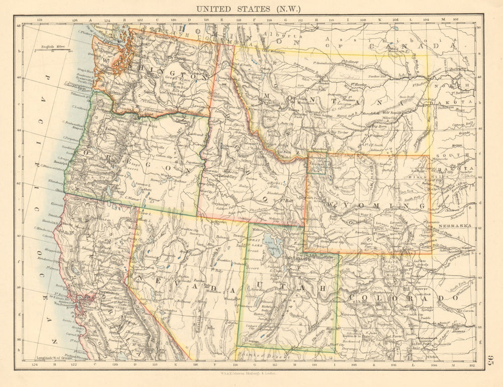 USA NORTH WEST Washington Oregon ID MT WY Utah Nevada CA JOHNSTON 1892 old map