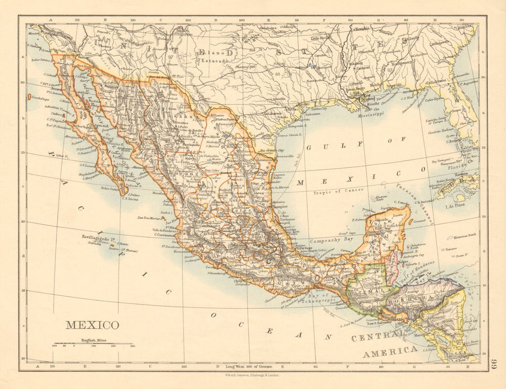 MEXICO Central America Guatemala British Honduras JOHNSTON 1892 old map