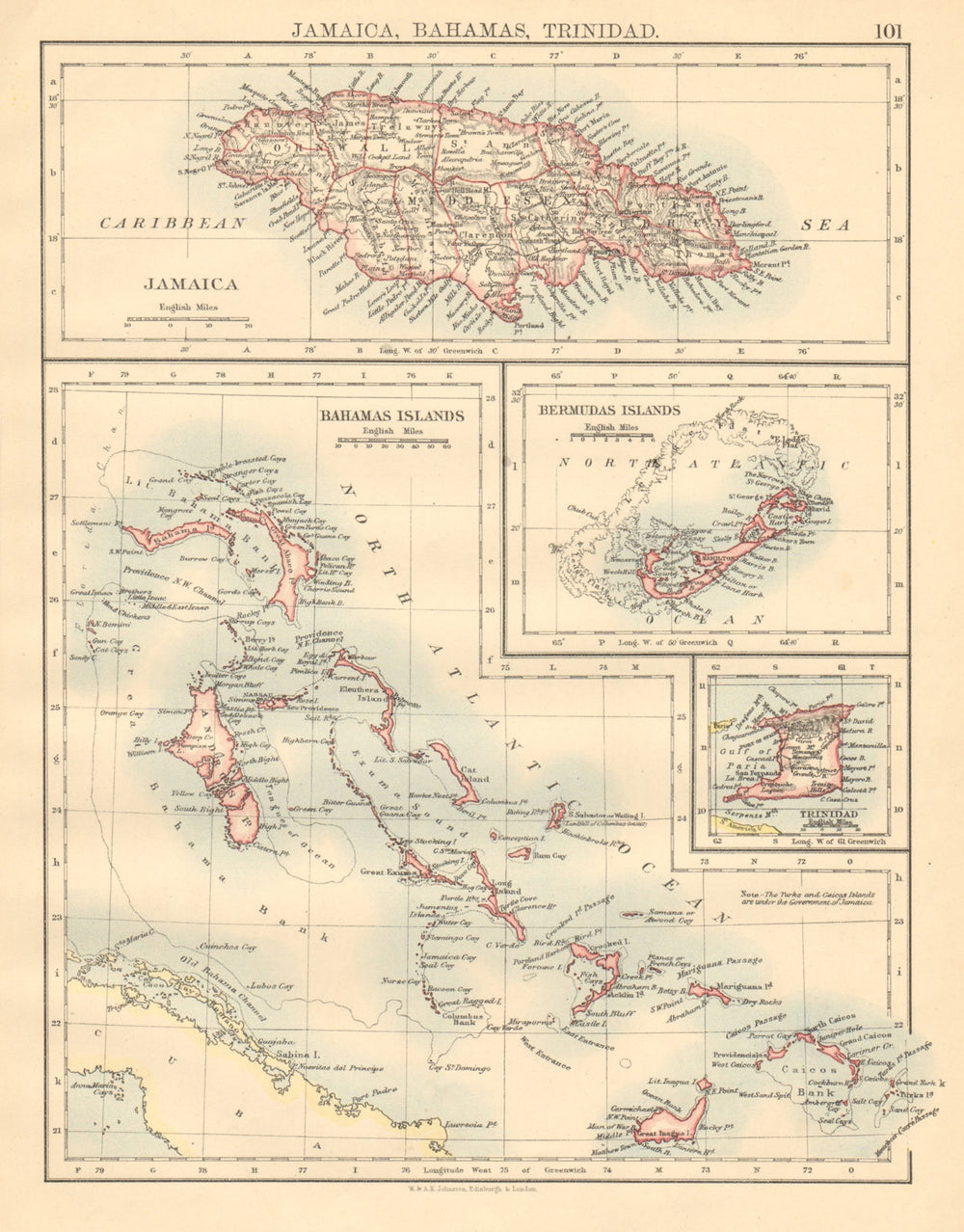 CARIBBEAN/ATLANTIC ISLANDS Jamaica Bermuda Bahamas Trinidad JOHNSTON 1892 map