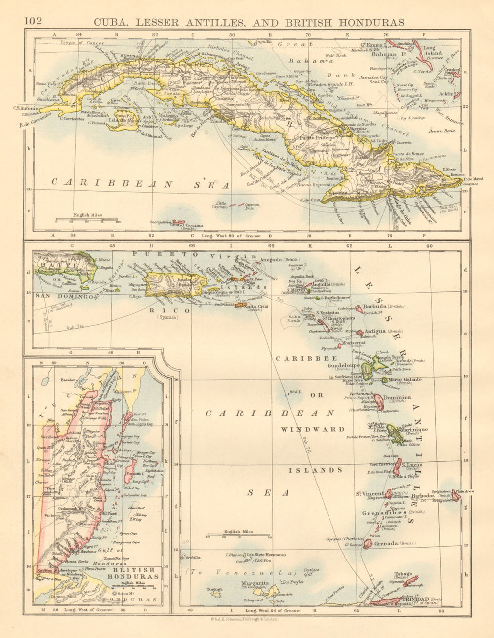 CARIBBEAN ISLANDS Cuba British Honduras Caribbee/Windward JOHNSTON 1892 map