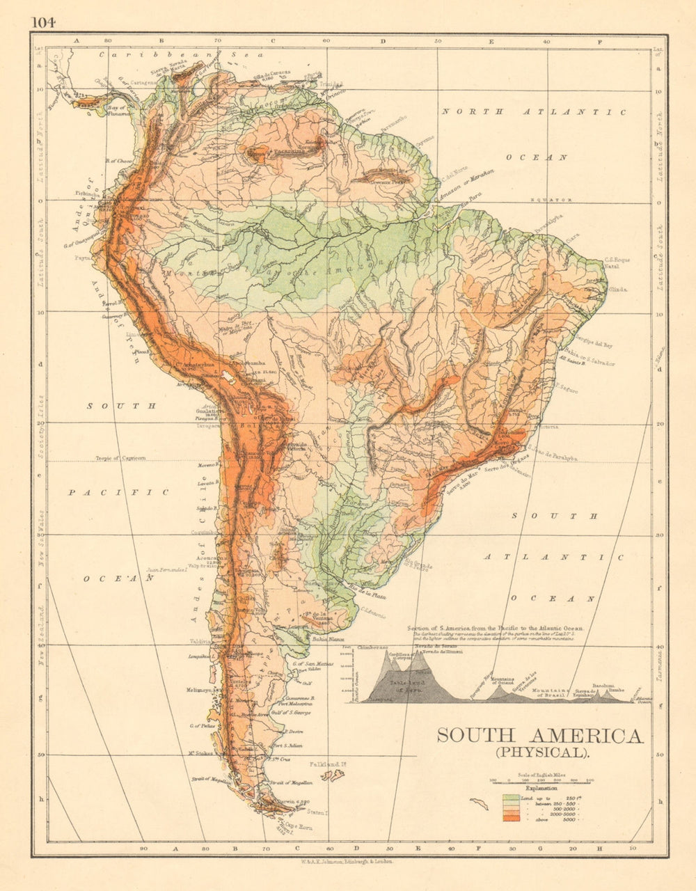 SOUTH AMERICA PHYSICAL Inset West-East cross section JOHNSTON 1892 old map