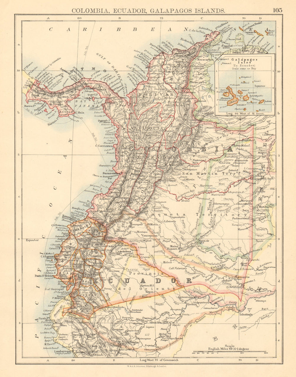 ANDEAN STATES Colombia Ecuador Panama South America JOHNSTON 1892 old map
