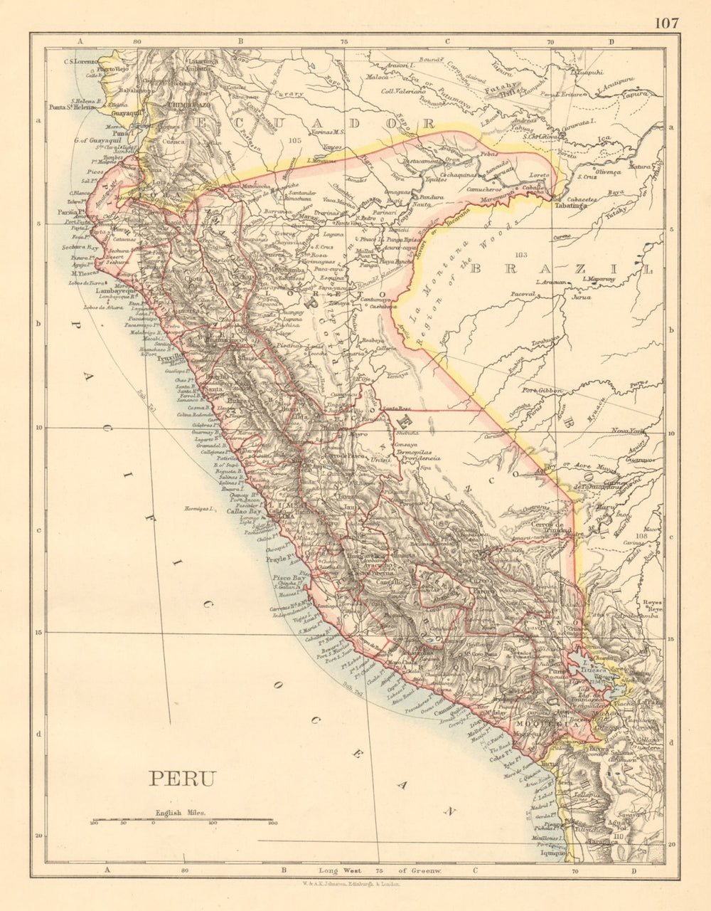 PERU with border as before Peru-Ecuador war (1941) JOHNSTON 1892 old map