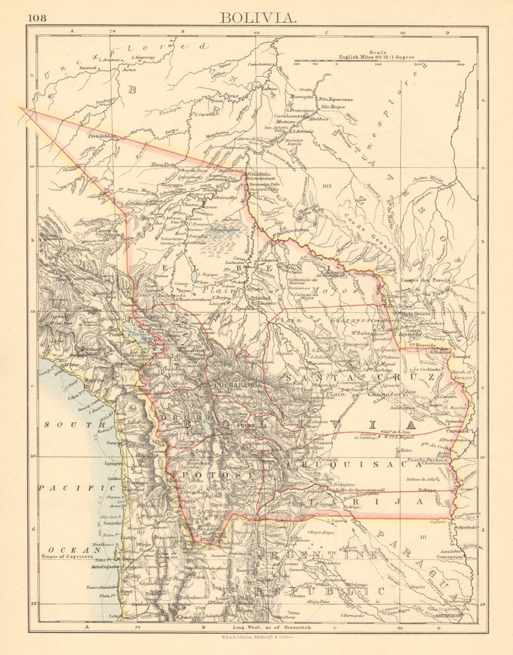 BOLIVIA includes Acre, lost to Brazil in 1899-1903 war JOHNSTON 1892 old map