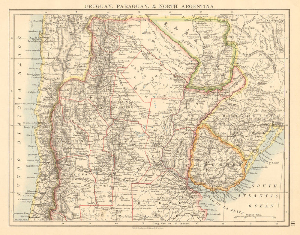 URUGUAY PARAGUAY ARGENTINA Chilean Puna de Atacama JOHNSTON 1892 old map