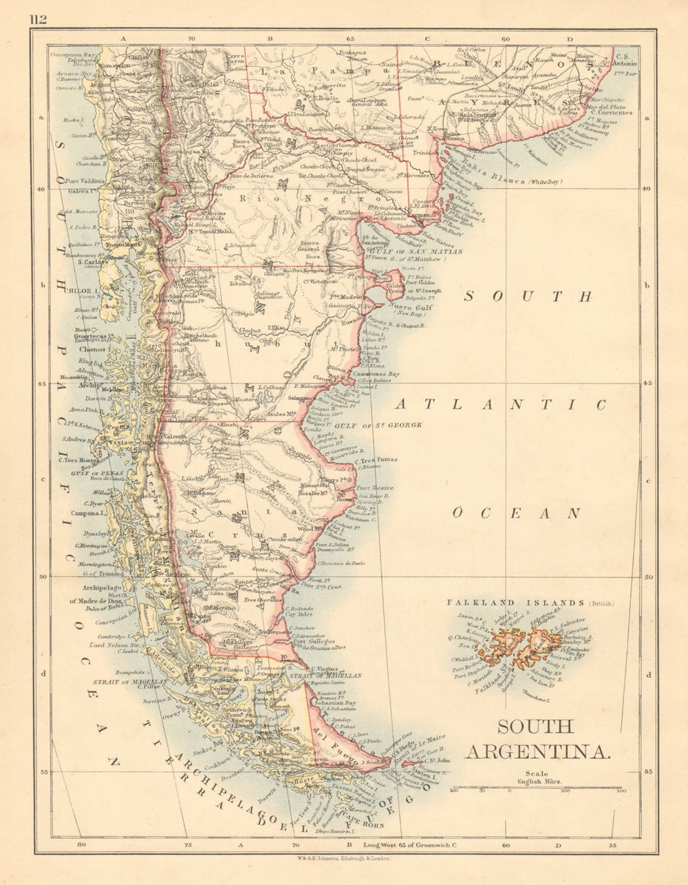 PATAGONIA Southern Argentina & Chile Falkland Islands JOHNSTON 1892 old map