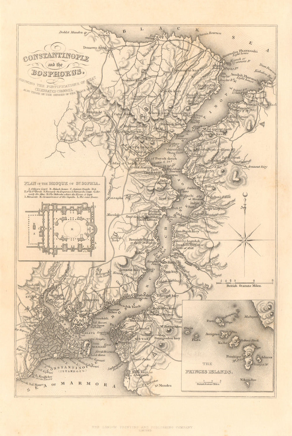 CONSTANTINOPLE & The BOSPHORUS. Istanbul. St Sophia. Princes Islands 1860 map
