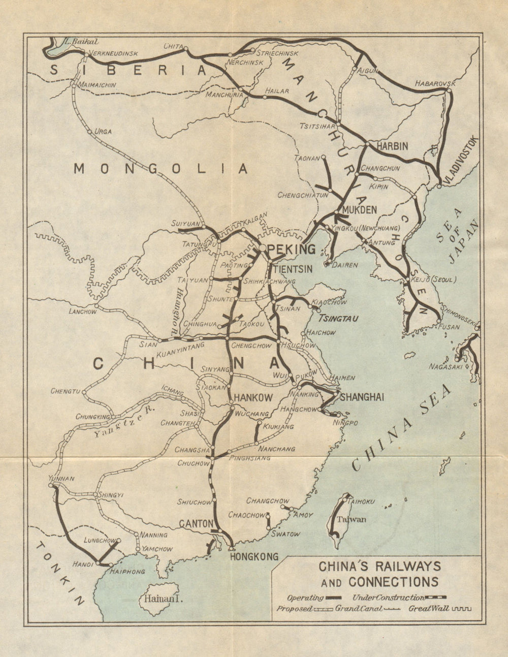 China''s Railways and Connections 1924 old antique vintage map plan chart