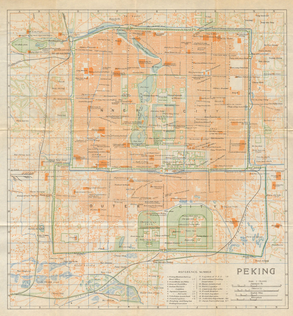 'Peking'. Beijing antique town city plan. China 1924 old map chart