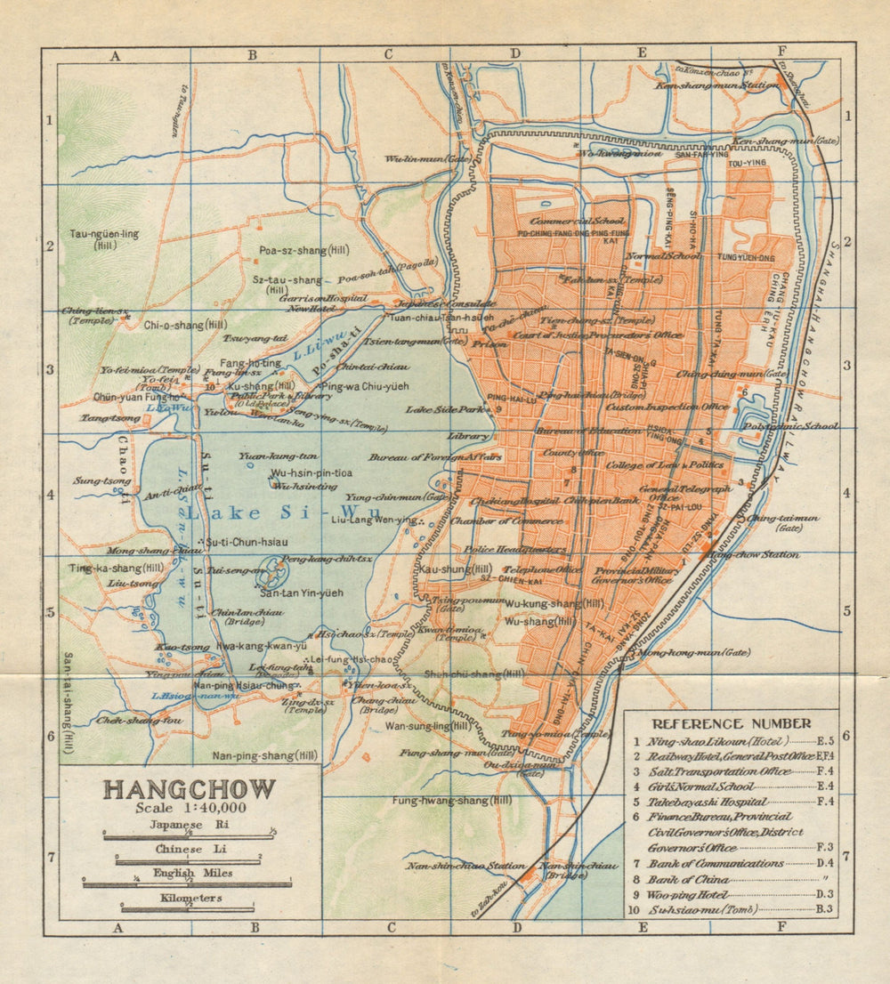 'Hangchow'. Hangzhou antique town city plan. China 1924 old map chart