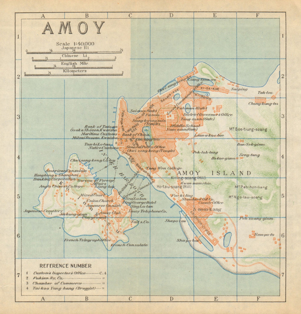 'Amoy'. Xiamen antique town city plan. China 1924 old map chart