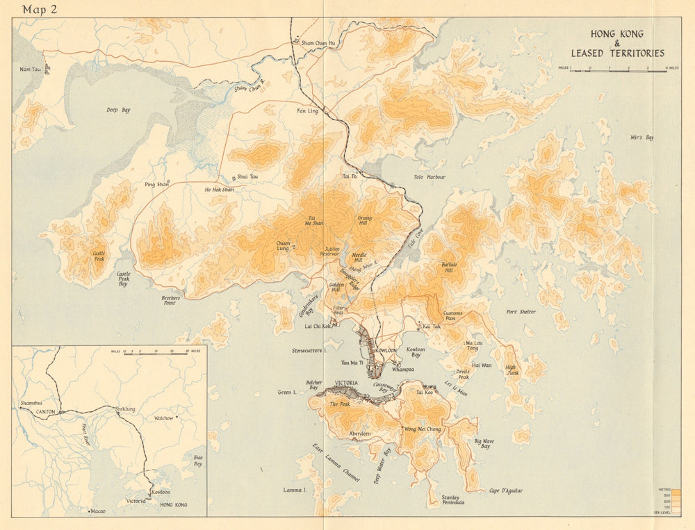 Hong Kong and Leased Territories 1941. Canton area inset 1957 old vintage map