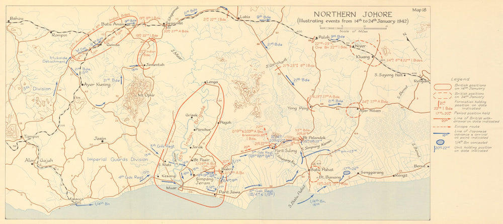 Northern Johore. Japanese invasion of Malaya. 14th to 24th January 1942 1957 map