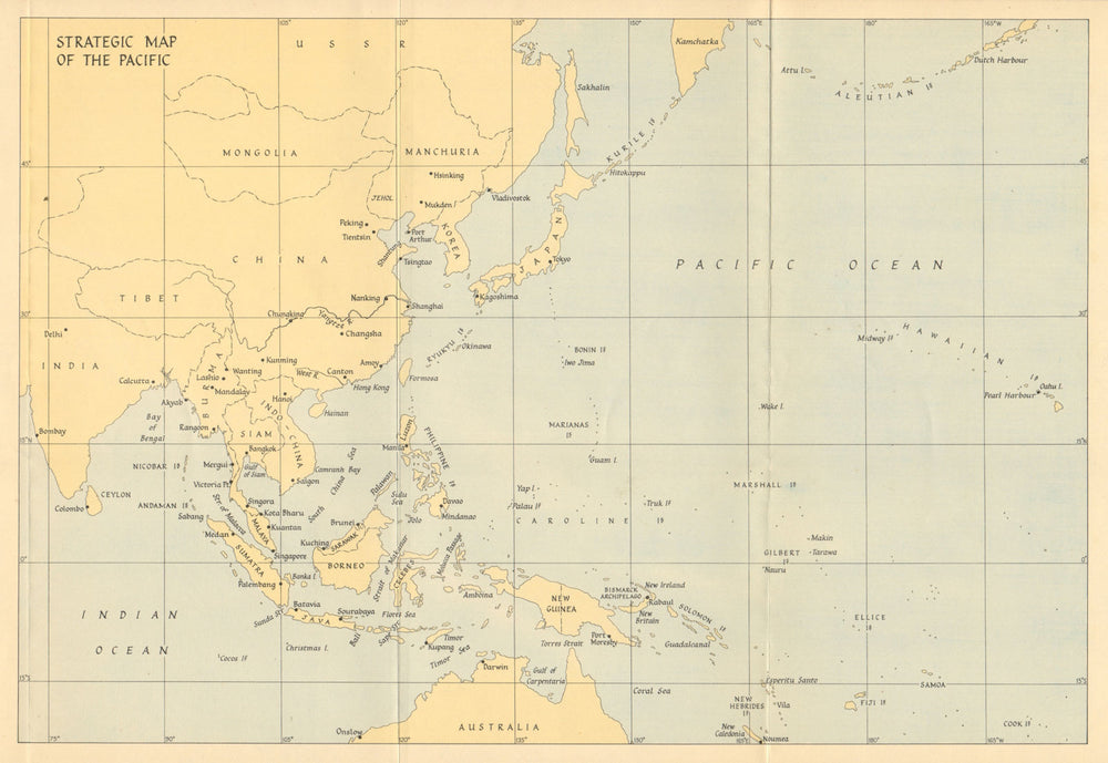 Strategic map of the Pacific 1941 1957 old vintage plan chart