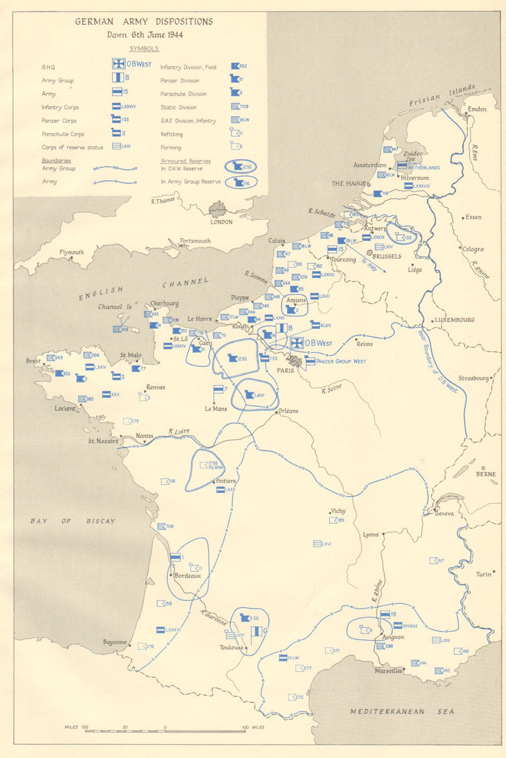 German Army Dispositions, dawn 6th June 1944. D-Day Normandy landings 1962 map