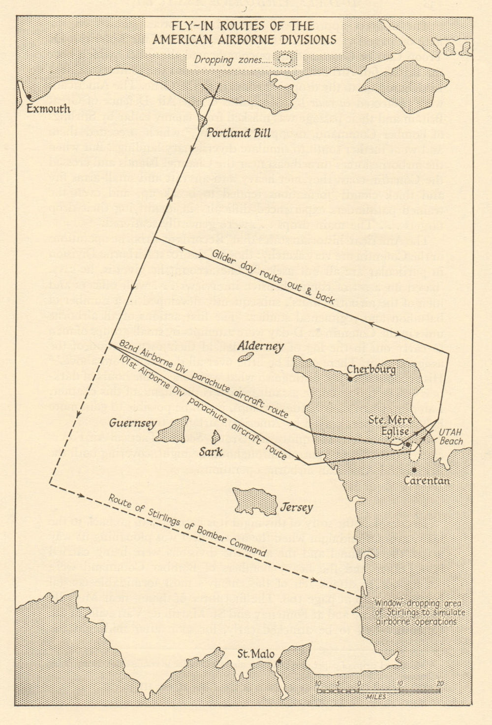 D-Day Normandy 1944 American Airborne Divisions fly-in routes. Cotentin 1962 map