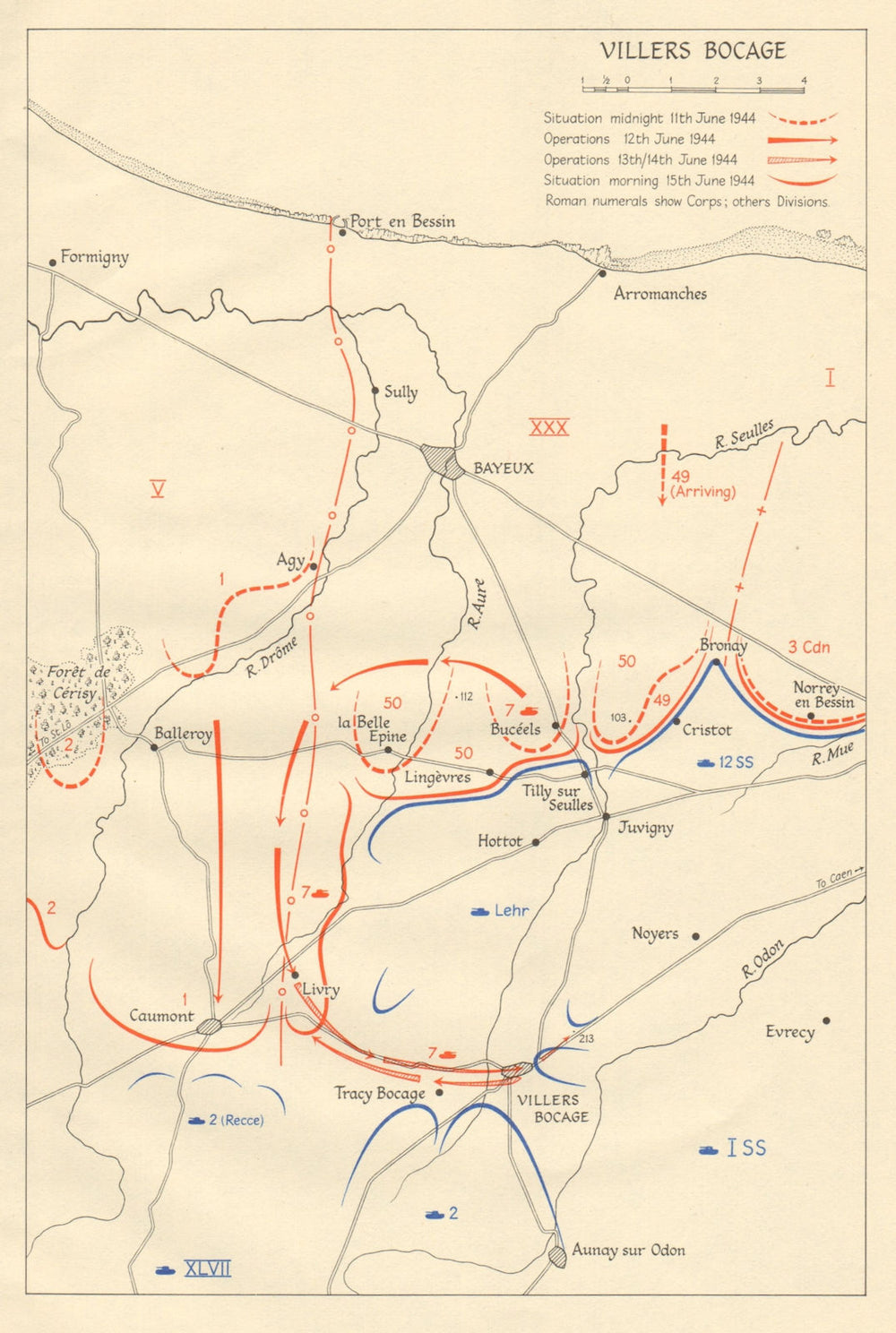 Battle of Villers-Bocage, 11-15 June 1944. Operation Overlord. Normandy 1962 map