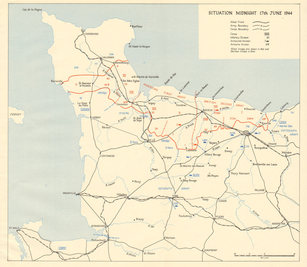 Operation Overlord. Normandy landings. Situation midnight 17 June 1944 1962 map