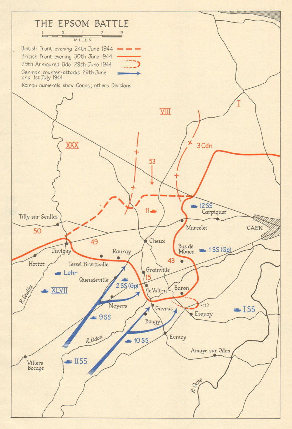 Operation Epsom 24 June-1 July 1944. Caen Normany landings Overlord 1962 map