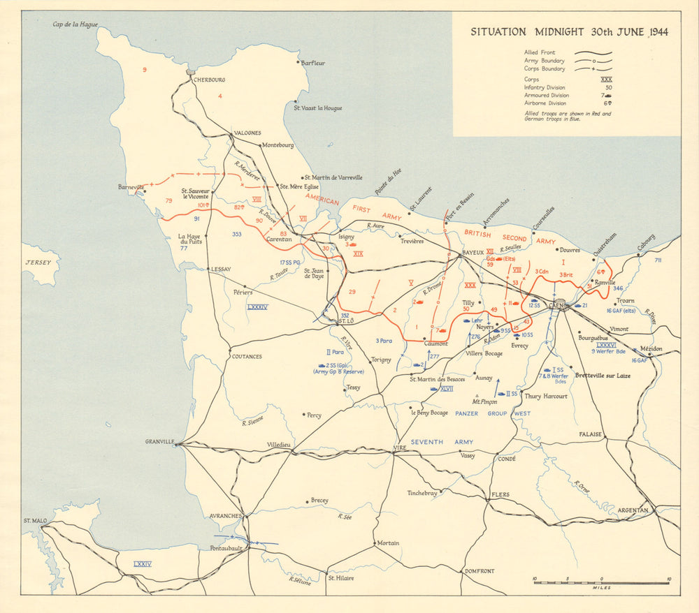 D-Day Normany landings. Situation midnight 30 June 1944. Overlord 1962 old map