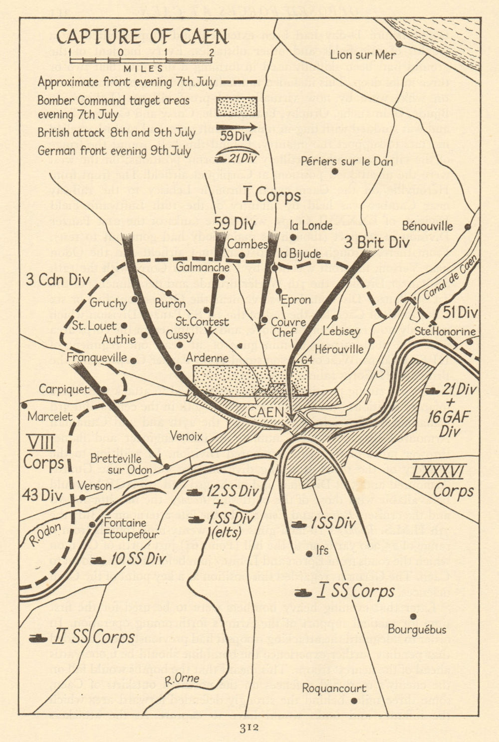 Capture of Caen 7-9 July 1944. Operation Overlord. Invasion of Normandy 1962 map