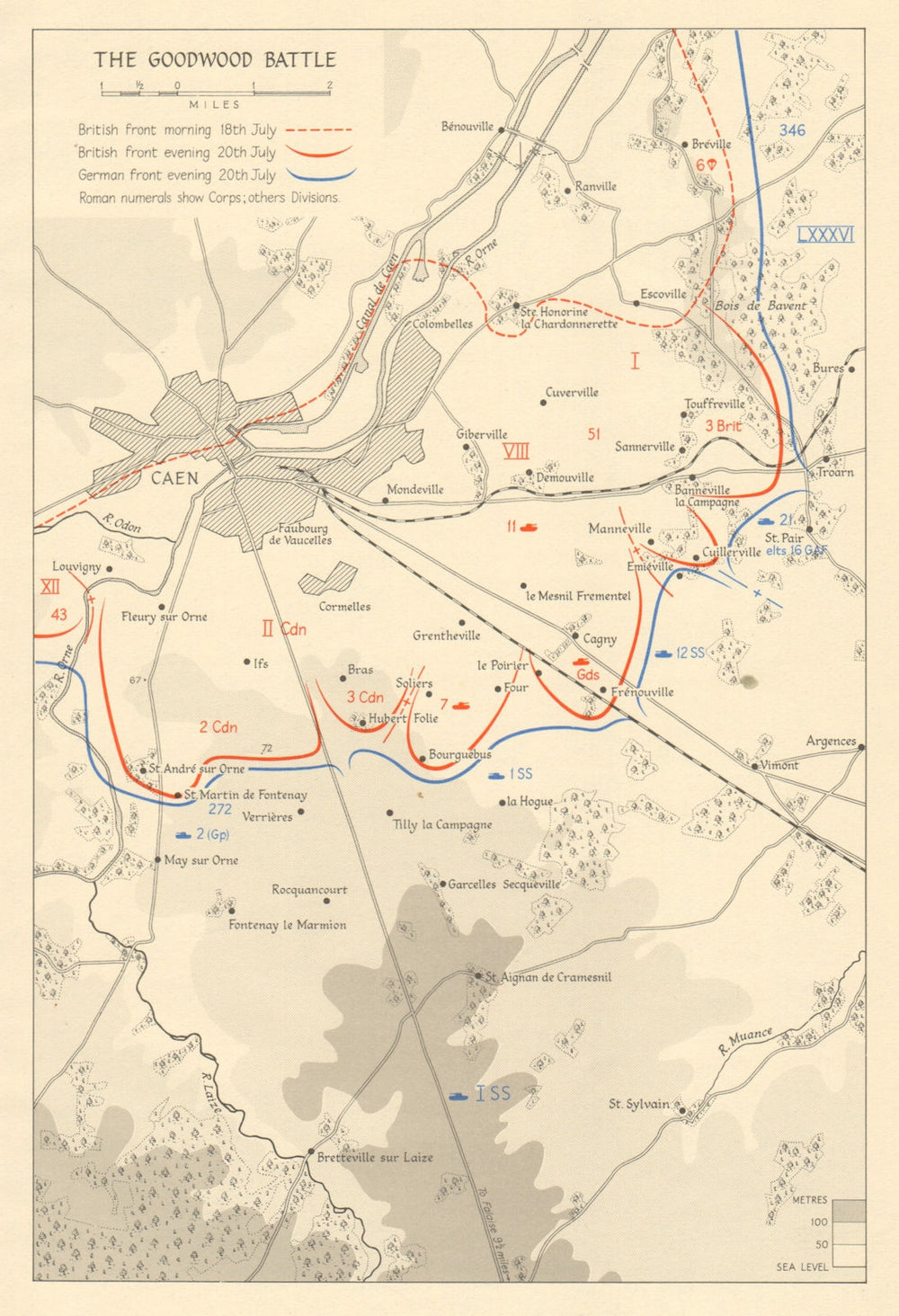 Operation Goodwood. Battle for Caen 18-20 July 1944. Normandy Overlord 1962 map