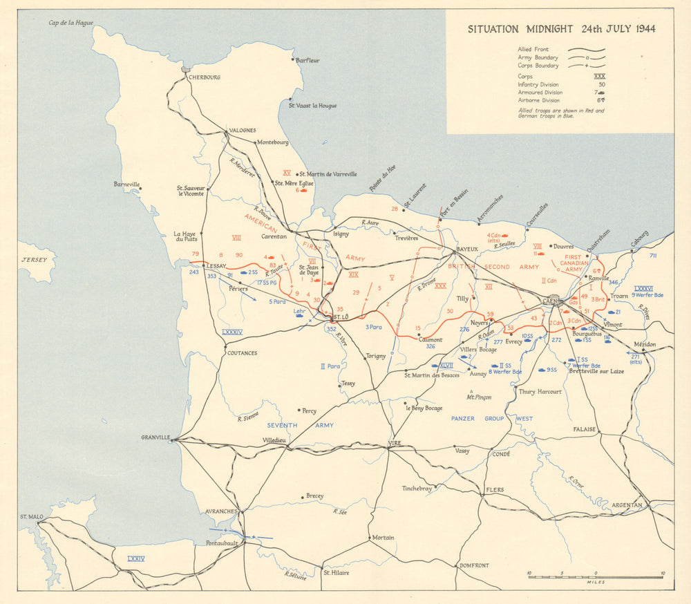 D-Day Normany landings. Situation midnight 24 July 1944. Overlord 1962 old map