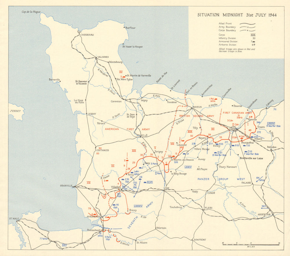 D-Day Normany landings. Situation midnight 31 July 1944. Overlord 1962 old map