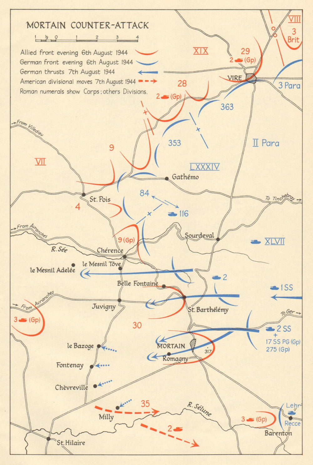 Operation Lüttich. Mortain counter-attack 6-7 August 1944. Normandy 1962 map