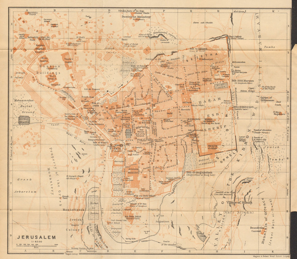 Jerusalem antique town city plan. Israel 1912 old map chart