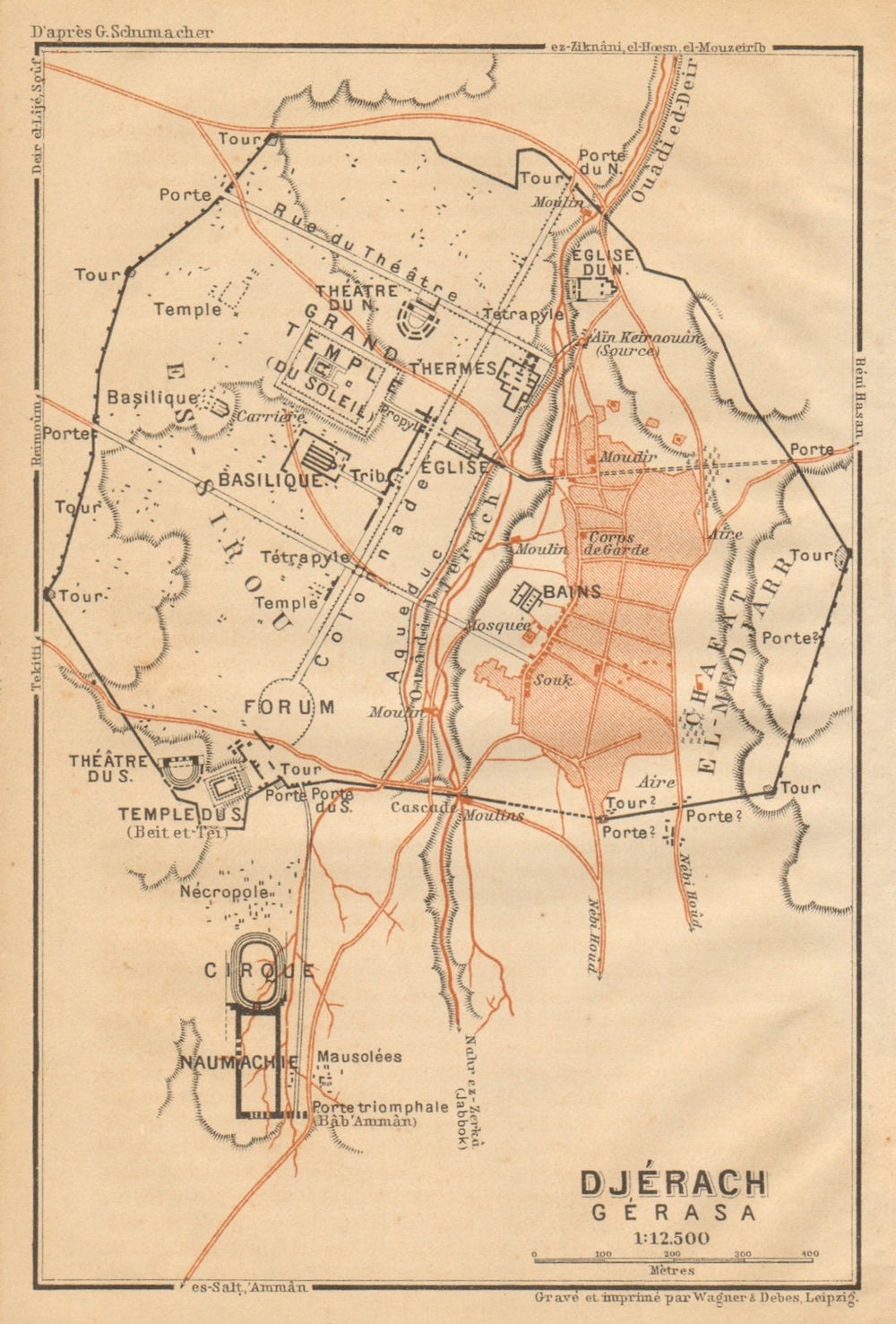Jerash antique town city plan. Jordan 1912 old vintage map chart