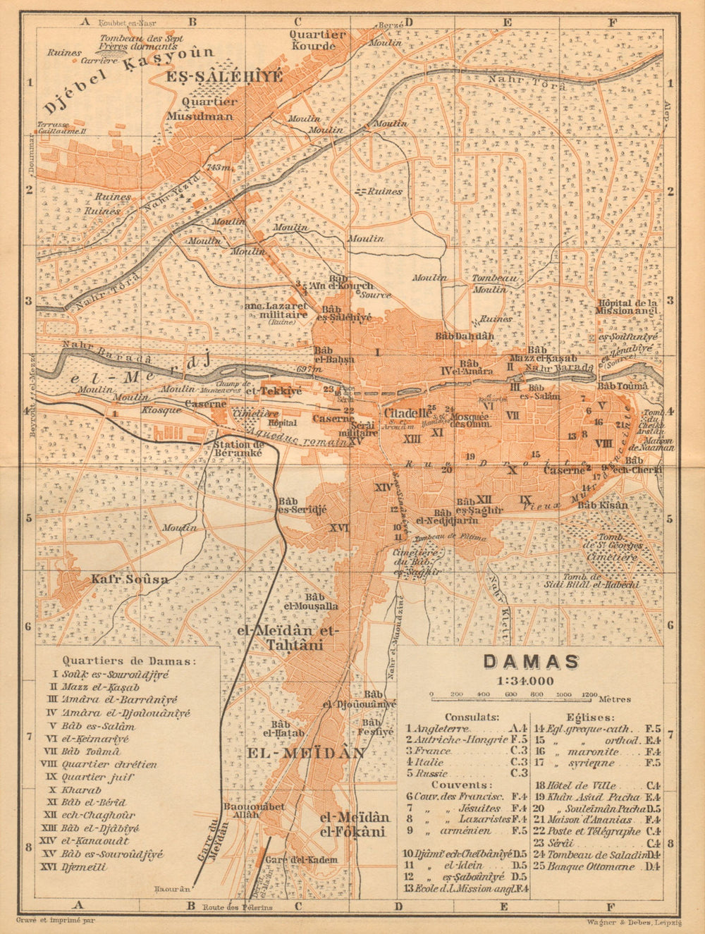 Damascus antique town city plan. Syria 1912 old vintage map chart